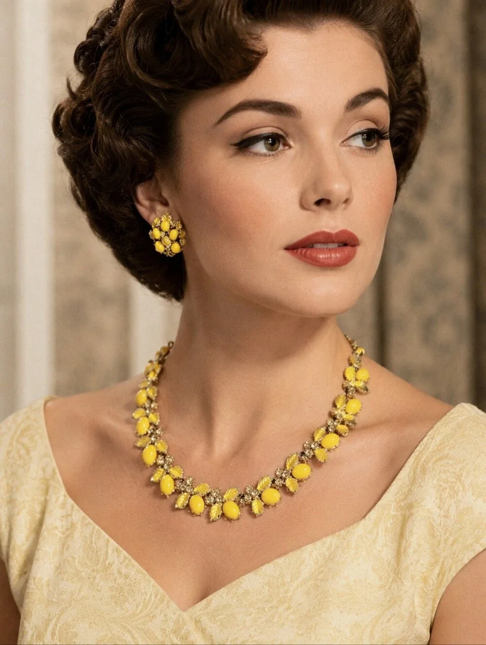 Vintage yellow gold necklace & clip on earrings retro evening cocktail jewelry